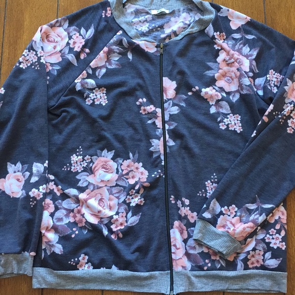 Lightweight Gray Floral Zip Front Baseball Bomber Jacket Large 3/$20 Sale! - Picture 4 of 6